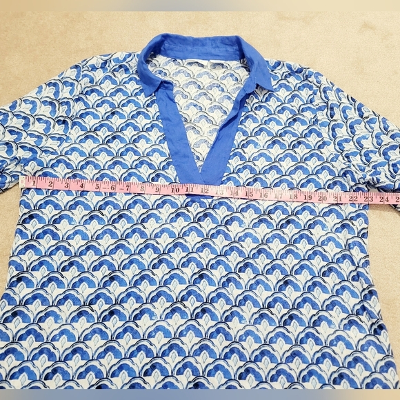 Sigrid Olsen Womens XL 100% Linen Tunic Top Blue White Pattern V-Neck 3/4 Sleeve - Picture 8 of 12